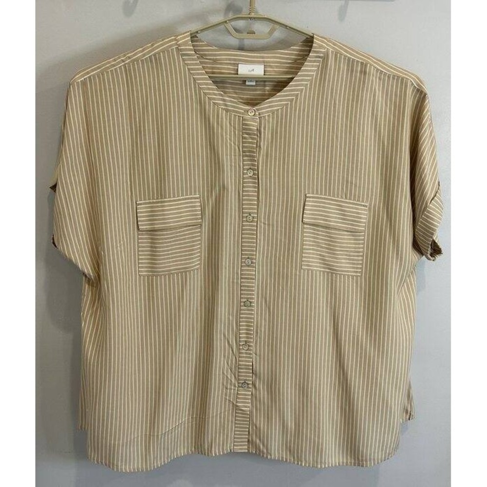 J Jill Flowy Tan White Stripe Pockets Mother of Pearl Button Front Shirt Size 3X